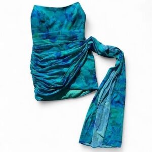 Runaway The Label Mini Strapless Ruched DressChiffon Side Drape in Calista Green